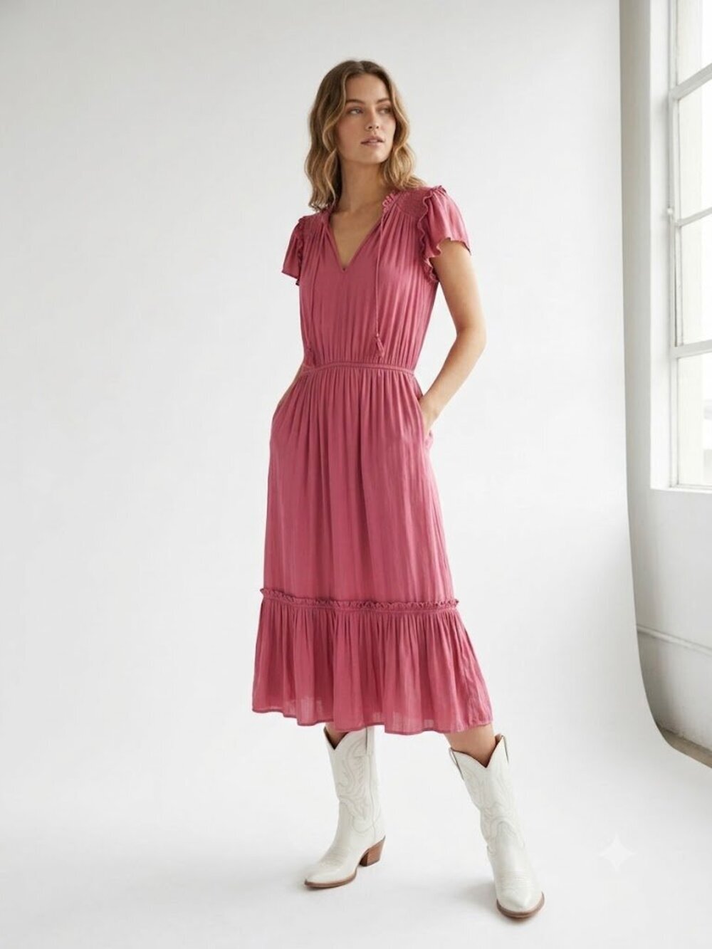PAIGE Laramie Midi Dress Pink Satin Ruffle Midi Dress XS
